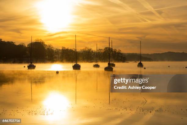 mist over lake windermere in ambleside at dawn, lake district, uk. - lake windermere stock-fotos und bilder