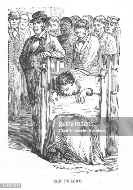 Engraved illustration shows a woman held at the pillory at the Tombs prison, New York, New York, circa 1800s.