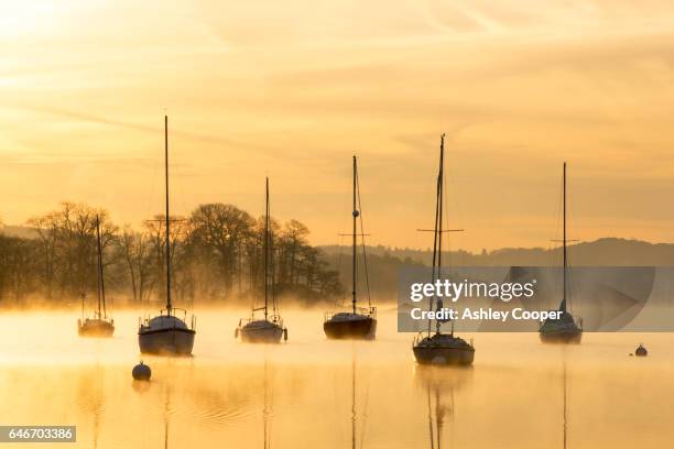 mist over lake windermere in ambleside at dawn, lake district, uk. - lago windermere fotografías e imágenes de stock