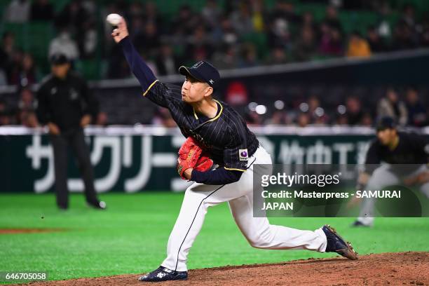 Pitcher Kohdai Senga of Japan throws in the bottom of the ninth inning during the SAMURAI JAPAN Send-off Friendly Match between CPBL Selected Team...