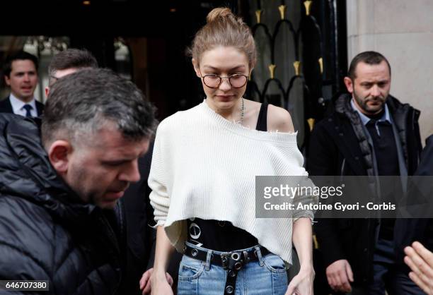Model Gigi Hadid leaves the 'Isabel Marant' office building on February 28, 2017 in Paris, France.