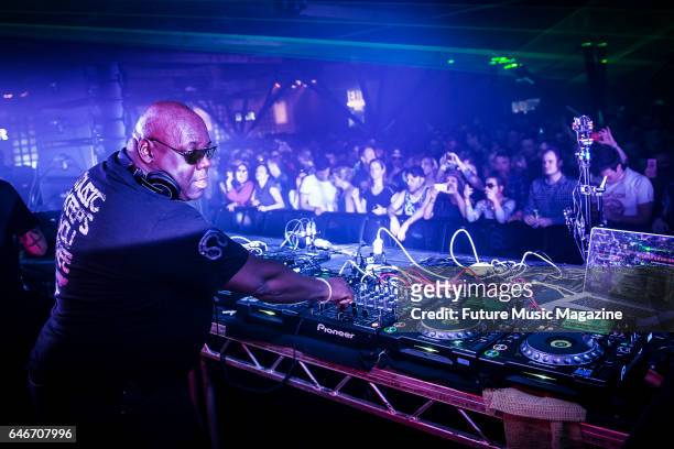 British dance music producer and DJ Carl Cox performing live at Tobacco Dock in London, on April 2, 2016.