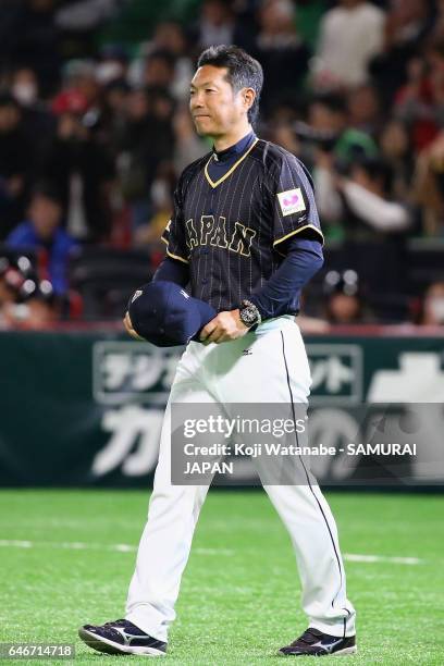 Manager Hiroki Kokubo of Japan looks on after the SAMURAI JAPAN Send-off Friendly Match between CPBL Selected Team and Japan at the Yafuoku Dome on...