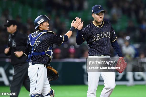 Pitcher Kohdai Senga and Catcher Shota Ohno of Japan celebrate their win after the SAMURAI JAPAN Send-off Friendly Match between CPBL Selected Team...
