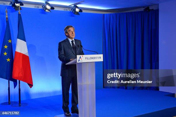 French Candidate for the Right-wing 'Les Republicains' Party, Francois Fillon, gives a press conference to confirm he remains a candidate for the...