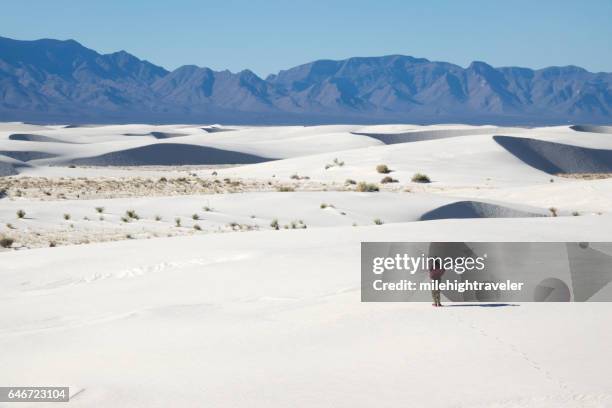 woman hiker explores white sands national monument new mexico mountains - white sands national monument stock pictures, royalty-free photos & images