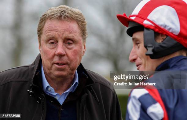 Harry Redknapp talks to jockey Daryl Jacob at Wincanton Racecourse on March 1, 2017 in Wincanton, England.