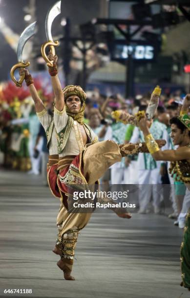 Performer dances during Mocidade de Padre Miguel performance at the Rio de Janeiro Carnival at Sambodromo on February 27, 2017 in Rio de Janeiro,...