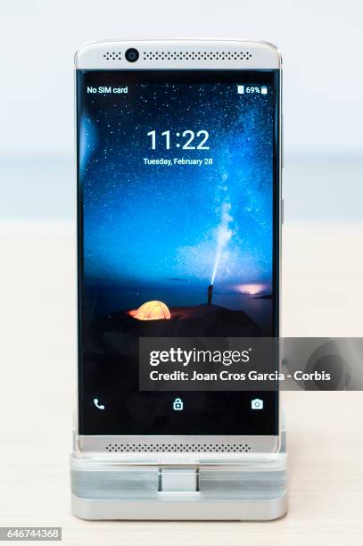 Display their ZTE Axon 7 Mini smartphone, during the Mobile World Congress, on February 28, 2017 in Barcelona, Spain.