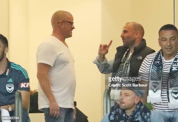 Heston Blumenthal, Stephanie Gouveia, George Calombaris and Natalie Tricarico watch the match from a corporate box during the round 21 A-League match...