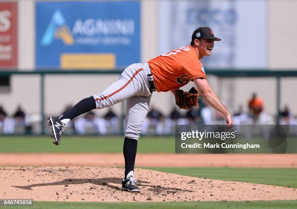 Tyler Wilson of the Baltimore Orioles pitches during the Spring Training game against the Detroit Tigers at Publix Field at Joker Marchant Stadium on...