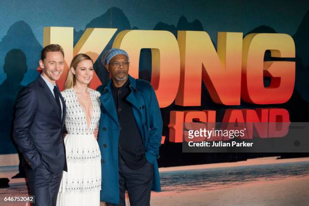 Tom Hiddleston, Brie Larson and Samuel L Jackson attend the European premiere of 'Kong: Skull Island' at the Cineworld Empire Leicester Square on...
