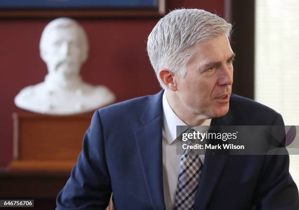 Supreme Court nominee Judge Neil Gorsuch meets with Sen. Angus King in his office on Capitol Hill March 1, 2017 in Washington, DC. President Donald...