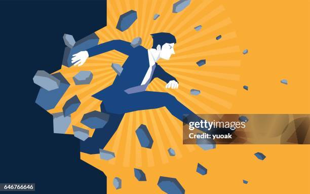 stockillustraties, clipart, cartoons en iconen met zakenman springen doorbreken van de wand - destruction