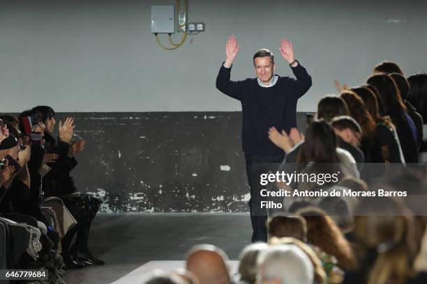 Dries Van Noten walks the runway during the Dries Van Noten show as part of the Paris Fashion Week Womenswear Fall/Winter 2017/2018 on March 1, 2017...