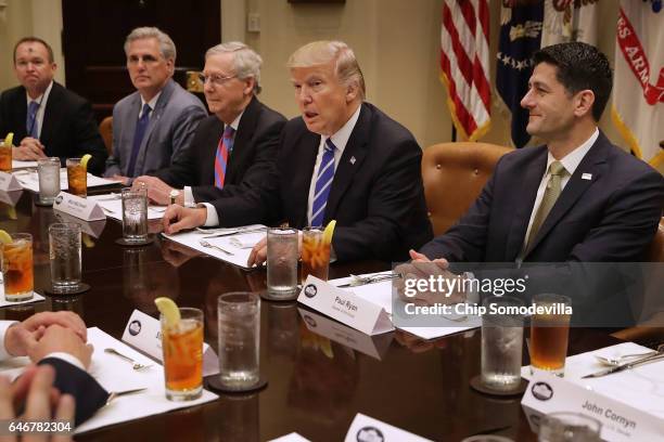 President Donald Trump hosts Office of Managment and Budget Director Mick Mulvaney and Republican Congressional leaders Rep. Kevin McCarthy ; Senate...