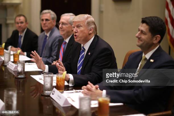 President Donald Trump hosts Republican Congressional leaders Rep. Kevin McCarthy ; Senate Majority Leader Mitch McConnell , Speaker of the House...