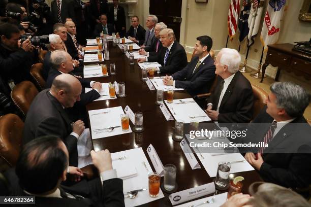 President Donald Trump hosts Republican Congressional leaders Rep. Kevin McCarthy ; Senate Majority Leader Mitch McConnell , Speaker of the House...