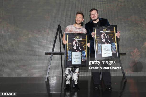 Singers Noel Schajris and Leonel Garcia of Sin Bandera attend a press conference to launch their new album "Primera Fila - Una Ultima Vez" at St....