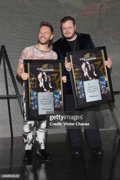 Singers Noel Schajris and Leonel Garcia of Sin Bandera attend a press conference to launch their new album "Primera Fila - Una Ultima Vez" at St....