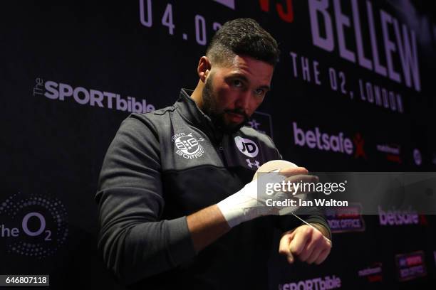 Tony Bellew of England tapes up as he attends the Media Work Out at The O2 Arena on March 1, 2017 in London, England.