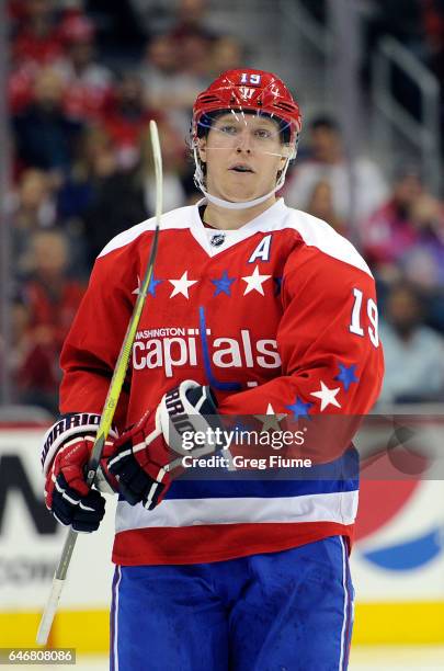 Nicklas Backstrom of the Washington Capitals rests during a break in the game against the Edmonton Oilers at Verizon Center on February 24, 2017 in...