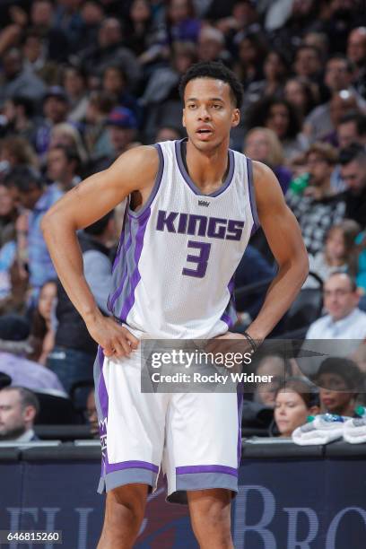 Skal Labissiere of the Sacramento Kings looks on during the game against the Denver Nuggets on February 23, 2017 at Golden 1 Center in Sacramento,...