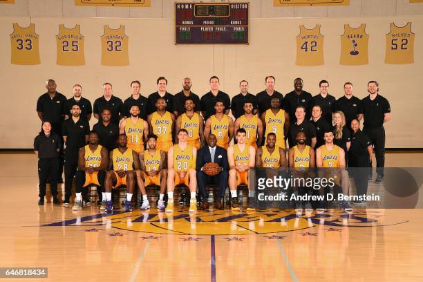 The 2016-2017 Los Angeles Lakers team poses for a team photo on February 27, 2017 at the The Toyota Sports Center in El Segundo, California. NOTE TO...