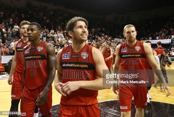 Damian Martin of the Wildcats smiles after victory in game two of the NBL Grand Final series between the Perth Wildcats and the Illawarra Hawks at...