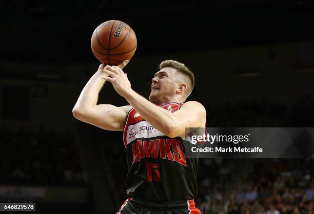 Rotnei Clarke of the Hawks shoots during game two of the NBL Grand Final series between the Perth Wildcats and the Illawarra Hawks at WIN...