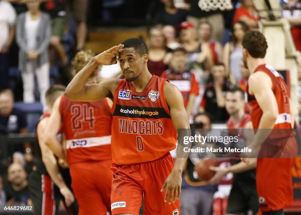 Bryce Cotton of the Wildcats celebrates a basket during game two of the NBL Grand Final series between the Perth Wildcats and the Illawarra Hawks at...