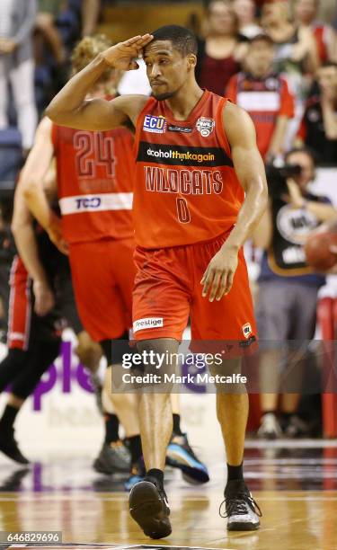 Bryce Cotton of the Wildcats celebrates a basket during game two of the NBL Grand Final series between the Perth Wildcats and the Illawarra Hawks at...