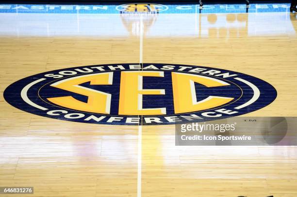 The SEC logo at mid court during 1st half action between the Alabama Crimson Tide and the Vanderbilt Commodores on March 01, 2017 at Bon Secours...