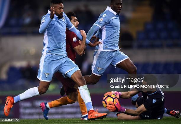 Roma's midfielder from Egypt Mohamed Salah tries to score against Lazio's goalkeeper from Albania Thomas Strakosha during the Italian TIM Cup 1st leg...