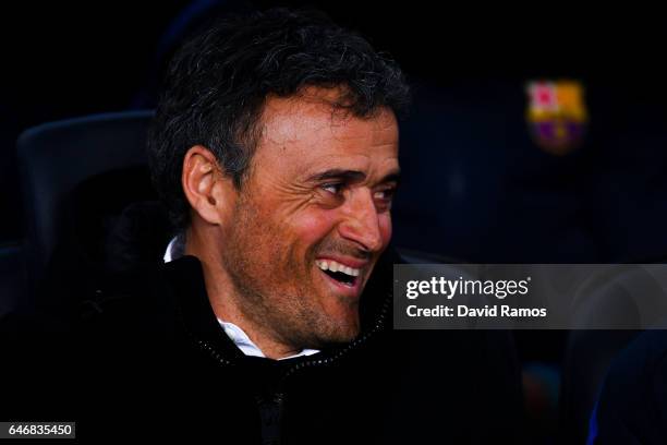 Head coach Luis Enrique of FC Barcelona looks on during the La Liga match between FC Barcelona and Real Sporting de Gijon at Camp Nou stadium on...
