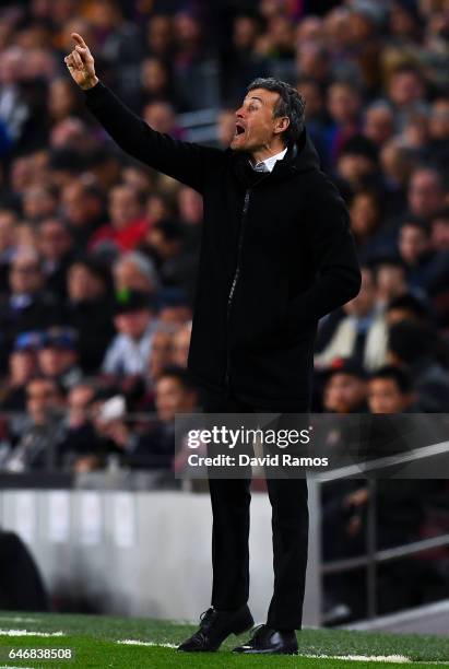 Head coach Luis Enrique of FC Barcelona directs his players during the La Liga match between FC Barcelona and Real Sporting de Gijon at Camp Nou...