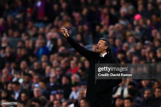 Head coach Luis Enrique of FC Barcelona directs his players during the La Liga match between FC Barcelona and Real Sporting de Gijon at Camp Nou...