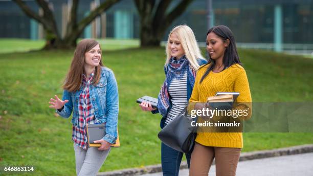 studenten auf dem campus zu fuß - blond undone stock-fotos und bilder