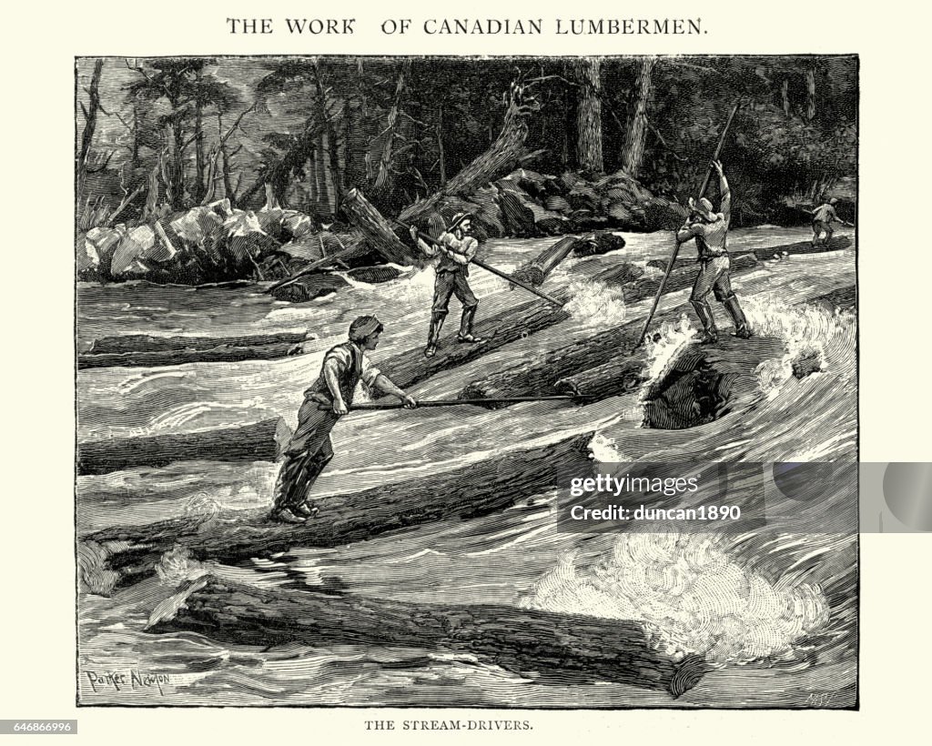 Männer-Log fahren im kanadischen Wald, 19. Jahrhundert