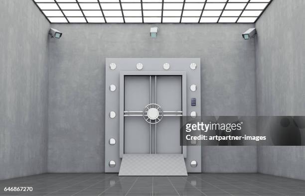 safe door with security cameras - bank interior stock-fotos und bilder