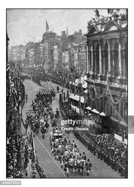 antique london's photographs: queen's carriage in the strand - the strand london stock illustrations