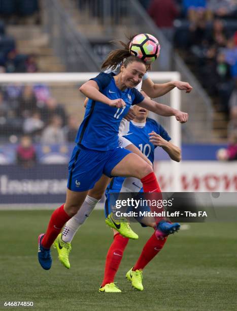 Claire Lavogez of France leaps for the ball against the England in the second half during the SheBelieves Cup at Talen Energy Stadium on March 1,...