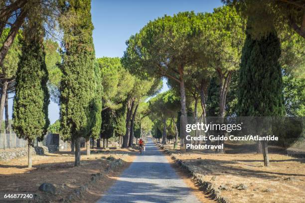 view of via appia (appian way), ancient roman road to southern italy - appian way stock pictures, royalty-free photos & images