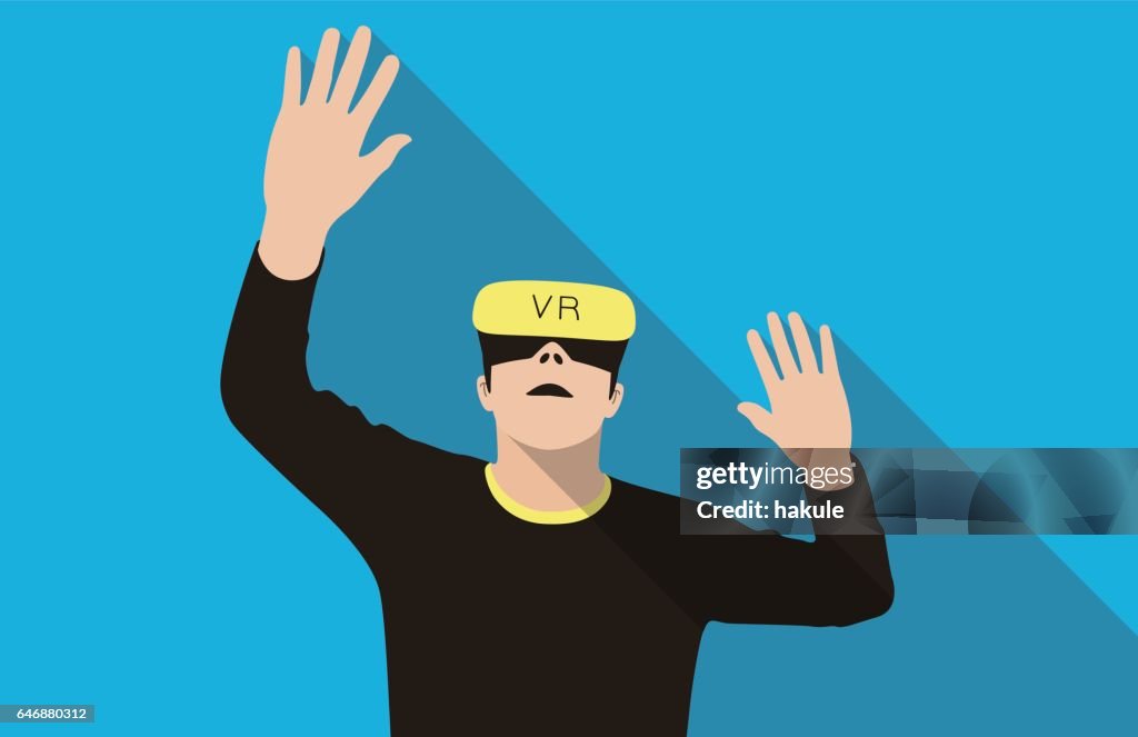 Man wearing Virtual reality glasses. hands up, playing games