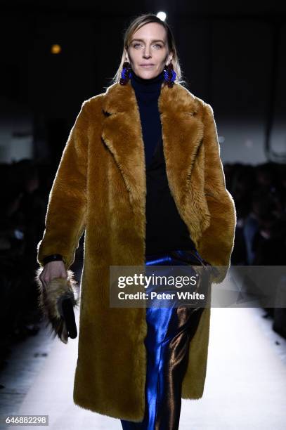 Hannelore Knuts walks the runway during the Dries Van Noten show as part of the Paris Fashion Week Womenswear Fall/Winter 2017/2018 on March 1, 2017...