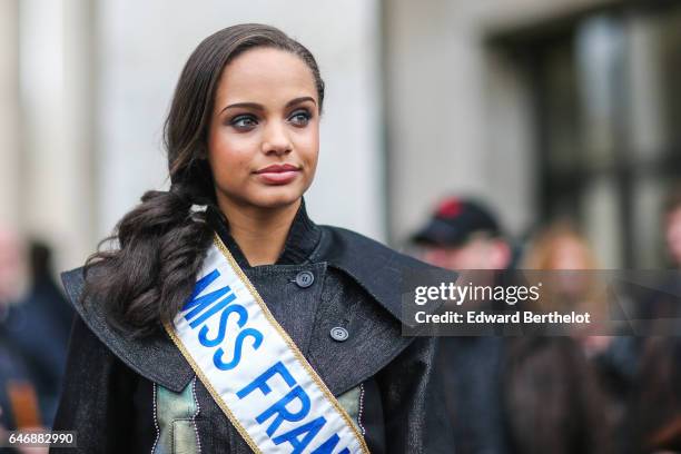 Alicia Aylies, Miss France 2017, is seen, outside the Rochas show, during Paris Fashion Week Womenswear Fall/Winter 2017/2018, on March 1, 2017 in...