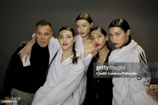 Vittoria Ceretti, Gigi Hadid, model and Bella Hadid are seen backstage before the H&M Studio show as part of the Paris Fashion Week on March 1, 2017...