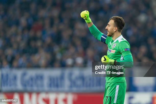Goalkeeper Panagiotis Glykos of PAOK Saloniki gestures during the UEFA Europa League Round of 32 second leg match between FC Schalke 04 and PAOK...