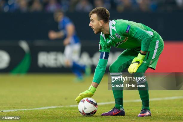 Goalkeeper Panagiotis Glykos of PAOK Saloniki controls the ball during the UEFA Europa League Round of 32 second leg match between FC Schalke 04 and...