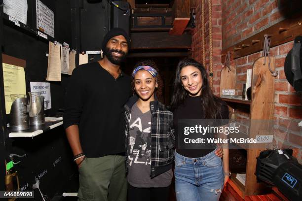 Nik Walker, Sasha Hollinger and Lauren Boyd before the 'Hamilton' cast Q & A before the "Hamilton" #EduHam Matinee at the Richard Rodgers Theatre on...